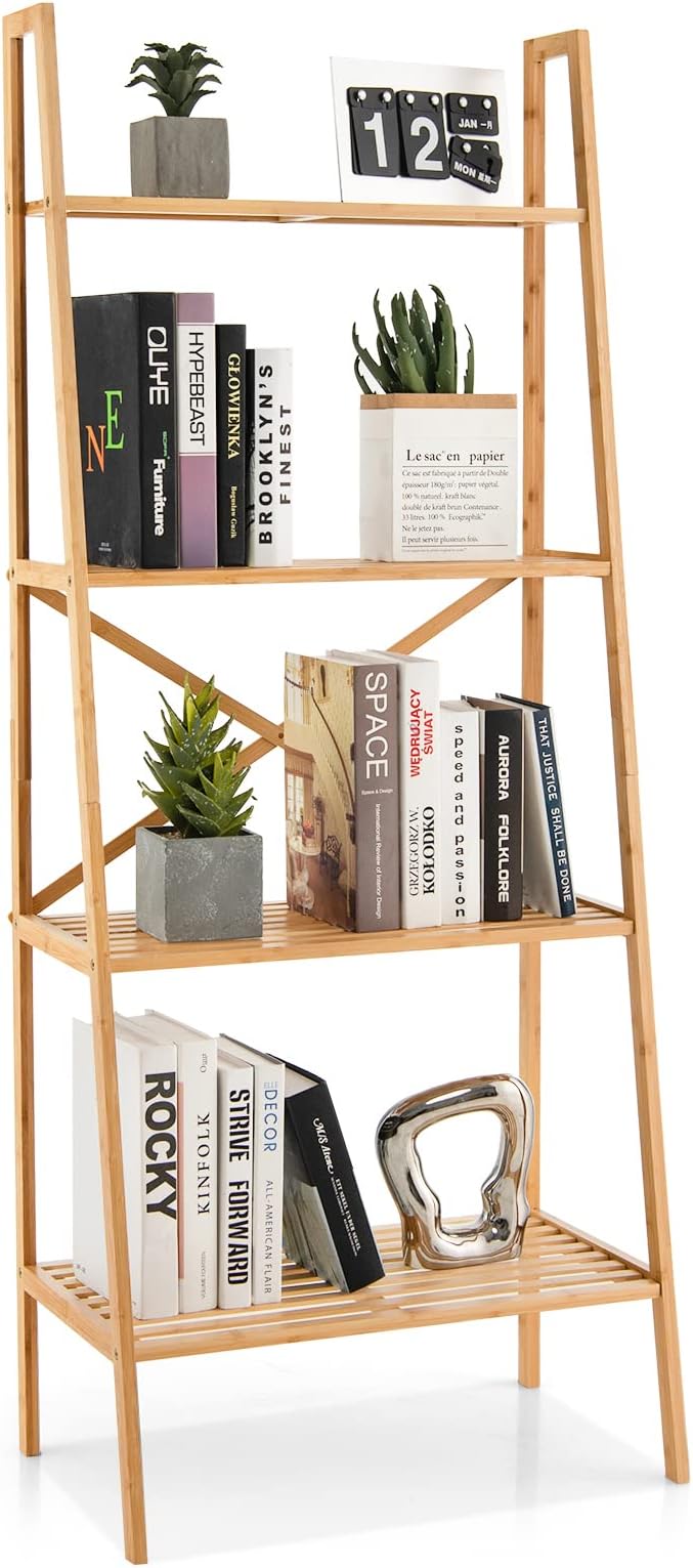 Giantex 4-Tier Bamboo Bookshelf, Multifunctional Storage Display Rack Shelves with Anti-Tipping Device, Natural Bamboo Ladder Shelf for Home Office Kitchen Bathroom