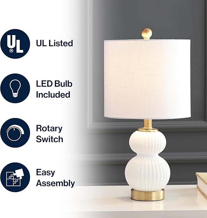 JONATHAN Y 20" White/Brass Gold Ribbed Gourd Glass Table Lamp, Modern Bedside Lamp for Bedroom Living Room, White Linen Drum Shade, LED Bulb Included JYL1099A
