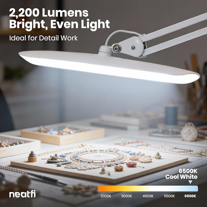 Neatfi XL Nail Desk Lamp with Clamp, 2200 Lumens, 20-Inch Wide Head, Dimmable 4 Levels, 6500K, LED Task Light for Manicure Table, Crafts, Workbench, Office (Non-CCT, White)