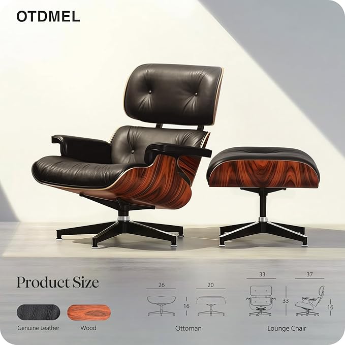 Luxury Top Black Grain Leather Mid Century Chaise Lounge Chair with Ottoman, Premium Handcrafted Rosewood, Ergonomic Modern Accent Chair for Living Room Office