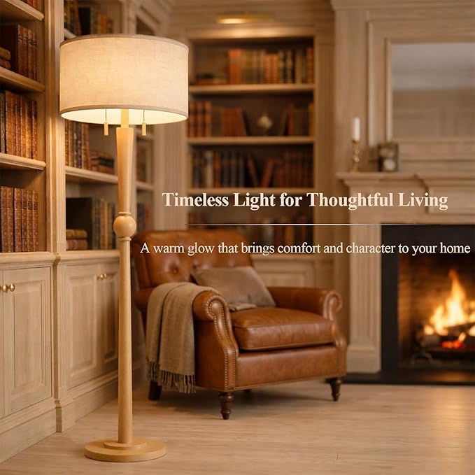 MOFFE 62.8" Solid Wood Floor Lamp,Tall Standing Floor Lamp with 2-Light Pull Chain, 17" Linen Drum Shade, Sculptural Wood Base & Stem,Transitional Floor Lamp for Living Room Bedroom, Includes 2 Bulbs