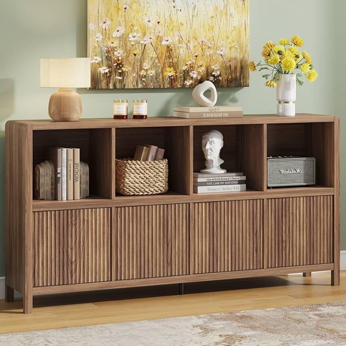 FATORRI 8 Cube Bookcase with 4 Doors, Wood Bookshelf with Storage Cabinet, Low Horizontal Storage Book Shelf for Living Room, Home Office, Dining (57 Inch Walnut)