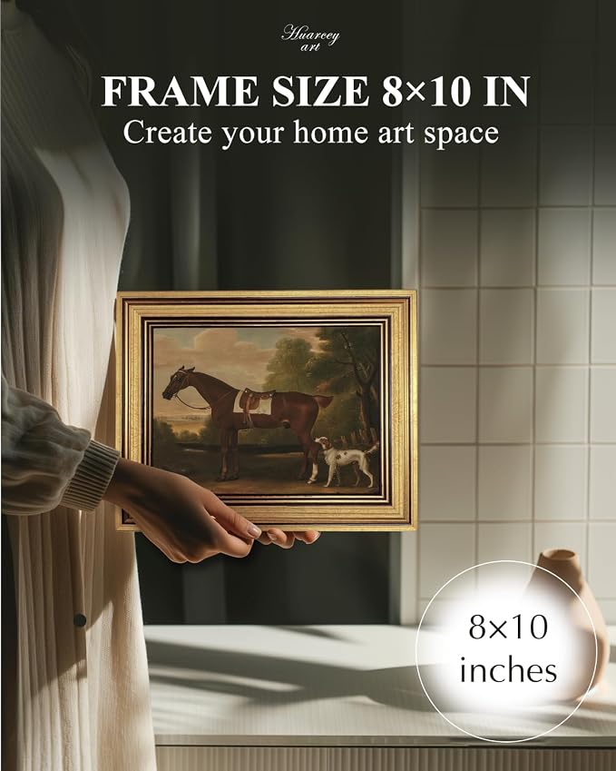 HUARCEY Gold Framed Vintage Wall Art for Living Room, Animals Painting Prints Shelf Decor for Kitchen, Aesthetic Bedroom Wall Art, Best Gifts for Friends or Family - Human Horse Dog 10L x 8W