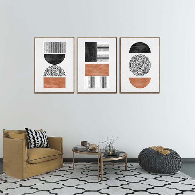 Framed Wall Art Canvas Set Mid Century Boho Pictures Modern Geometric Wall Decor Minimalist Black Brown Bohemian Abstract Painting Artwork for Living Room Bedroom Office 20"x28"x3 Natural