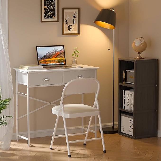DAOUTIME Small Writing Desk for Kids Bedroom, 31.5 Inch Small Computer Desk for Small Spaces, Simple Desk with 2 Fabric Drawers for Home Office, Dorm, Living Room, Home Study Table, White