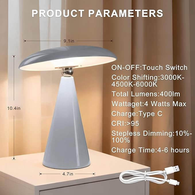 Mushroom Lamp Mid Century Modern Table Lamp, LED Cordless Rechargeable Bedside Light, Dimmable Touch 3-Color Temp, Retro Small Lamp for Bedroom, Living Room，Aesthetic Decor(Gray)