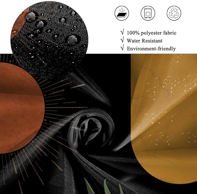 Black Mid Century Boho Shower Curtain for Bathroom Green Leaves Arch Sun Moon Shower Curtains Bohemian Abstract Bathroom Decor Set Washable Waterproof Polyester Fabric with Hooks 69x75 Inch