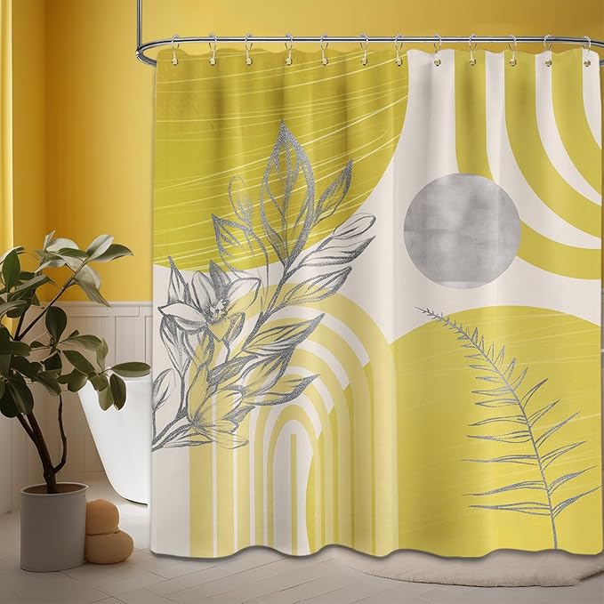 Mustard Yellow Shower Curtain Boho Mid Century Light Yellow and Grey White Shower Curtains for Bathroom Decor, Waterproof Cloth Fabric with Hooks, 70" W x 72" L