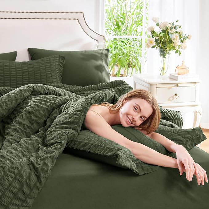 CozyLux Queen Comforter Set Olive Green, 7 Pieces Seersucker Textured Luxury Bed in a Bag Queen, All Seasons Soft Bedding Sets with Down Alternative Comforter, Sheets, Pillowcases & Shams, Home Gift