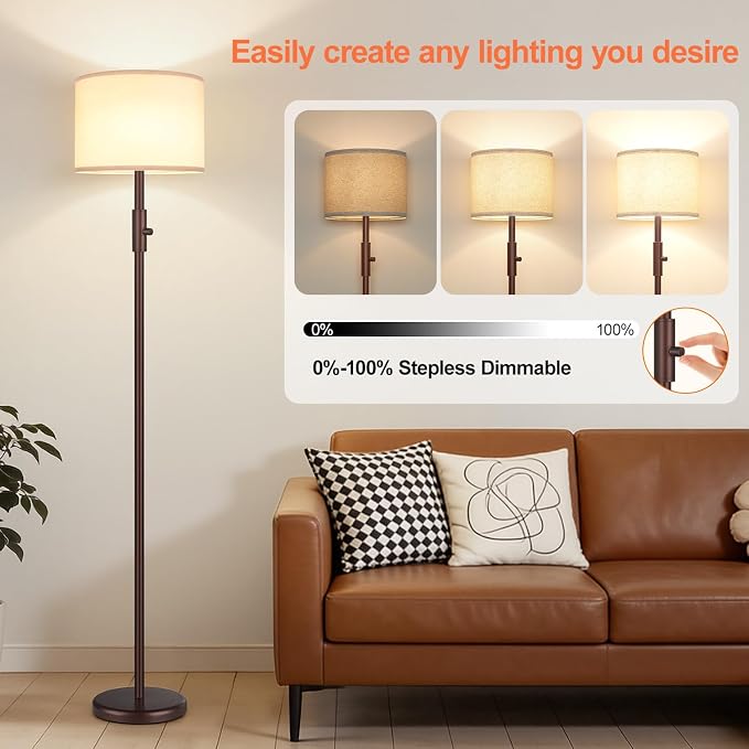 【Upgraded】 Dimmable Floor Lamp, Modern Floor Lamps for Living Room, Standing Lamp with Linen Shade, Tall Lamp for Bedroom Office Dining Room- Brown