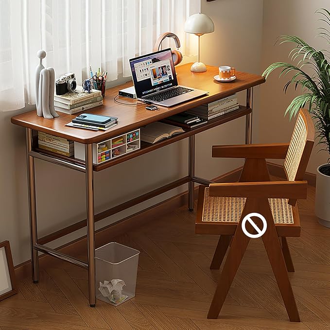 Mid-Century Modern Solid Wood Writing Desk Stylish Home Office Computer Table with Storage Shelf & Stainless Steel Legs Perfect for Small Spaces & Bedrooms