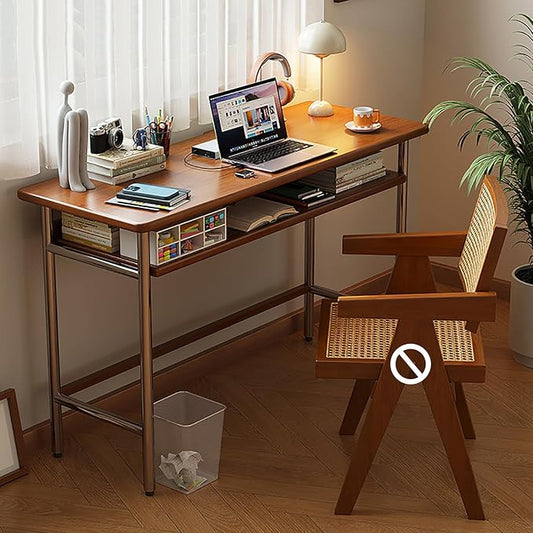 Mid-Century Modern Solid Wood Writing Desk Compact Home Office Workstation with Storage Shelf & Stainless Steel Legs Ideal Small Space Computer Desk for Bedrooms