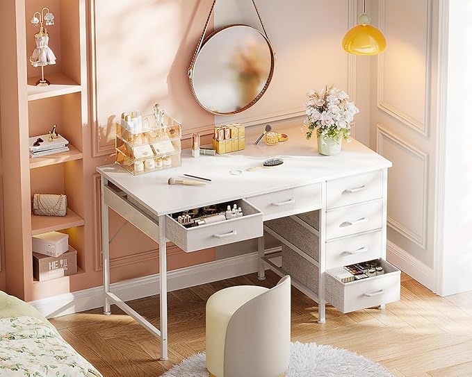 ODK Computer Desk with 6 Drawers, 40 Inch Small Desk with Storage, Reversible Desk for Home Office, Work Study Table for Bedroom, White