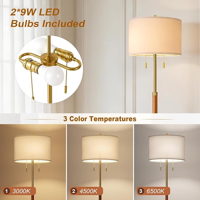 G-SAFAVA Floor Lamp 61" Wood Lamps for Living Room Bedroom 2-Lights Mid Century Modern Standing Tall Lamps for Office Nursery Corner Reading Room Lamp, 3 Color Temperatures 9W Bulbs Included, Gold