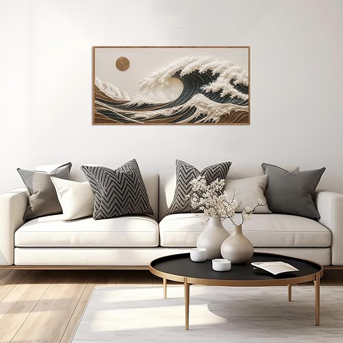 HLNIUC Boho Sea Wave Wall Art Canvas,Abstract Sun Artwork,Seascape Wall Art,Sea Sun Framed Decor,Mid Century Painting,Ocean Wave Artwork,Minimalist Landscape Prints for Living Room,Bedroom Home 20*40"