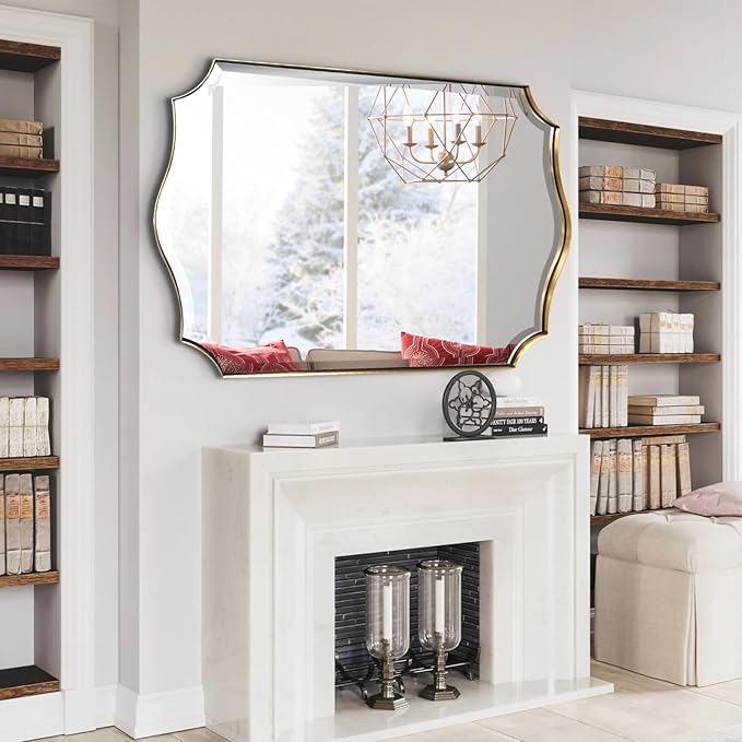 POZINO Scalloped Beveled Mirror, 30"x48" Brushed Gold Rectangle Bathroom Mirrors, Brass Wavy Vanity Mirrors for Wall, Modern Large Irregular Shaped Mirror for Living Room Bedroom Fireplace Entryway