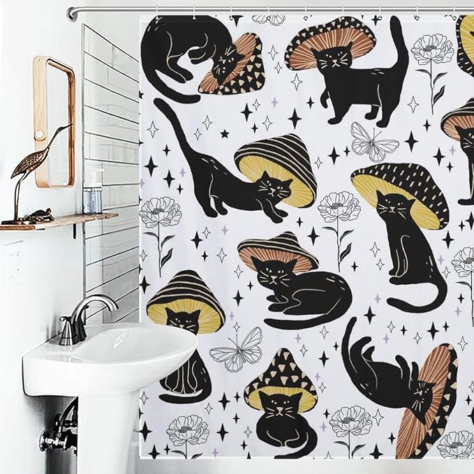 Cat Shower Curtain,Retro Funny Mushroom Star Floral Gothic Print Bathroom Curtain Polyester Waterproof Fabric Decor 72x72in（183x183cm）