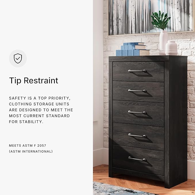Signature Design by Ashley Delmorta Rustic 5-Drawer Chest of Drawers with Safety Stop, Gray