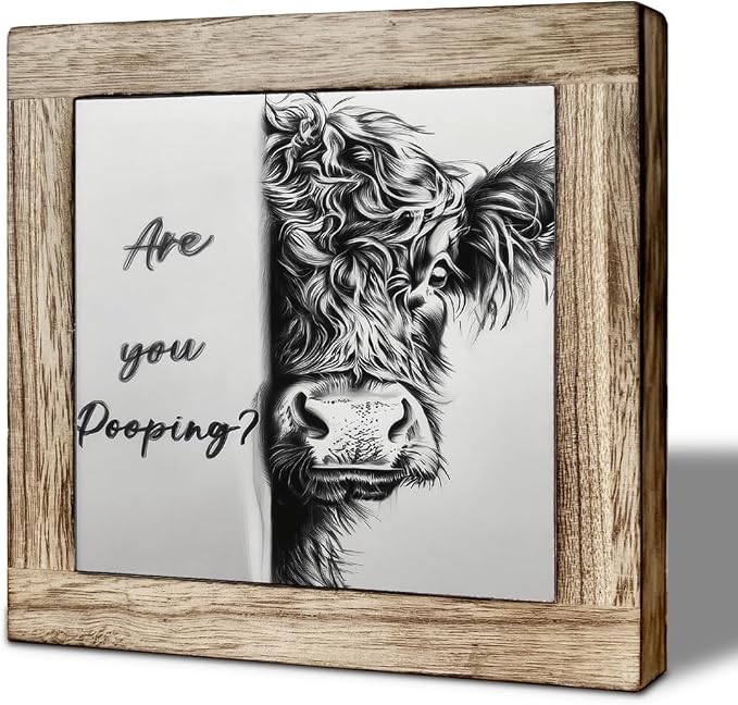 Funny Highland Cow Wooden Desktop Sign, “Are You Pooping?” Cow Wood Plaque, Rustic Farmhouse Humor Bathroom Tabletop Decor for Bathroom Toilet Shelf