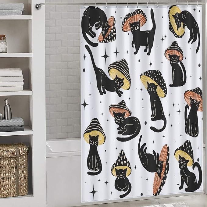 Funny Mushroom Cat Shower Curtain Retro 70s Hippie Funky Cute Cats Aesthetic Art Pattern Duty Fabric Shower Curtains Set Bathroom Polyester Waterproof with 12 Hooks, 55x72Inch（140x183cm）
