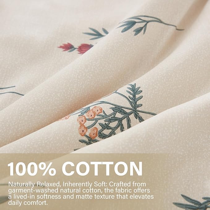 Cream Duvet Cover Set Full Size 100% Washed Cotton Linen Like Textured Comforter Cover 3 Pcs Luxury Soft and Breathable Floral Duvet Cover with Zipper Closure