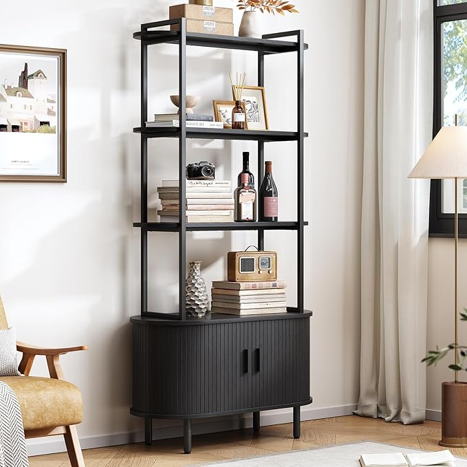 ONBRILL 71" Tall Bookshelf, 4-Tier Book Shelf with Storage Cabinet, Modern Bookcase with Sliding Door and Adjustable Footpad, Freestanding Storage Organizer Bookshelf for Living Room, Bedroom, Black
