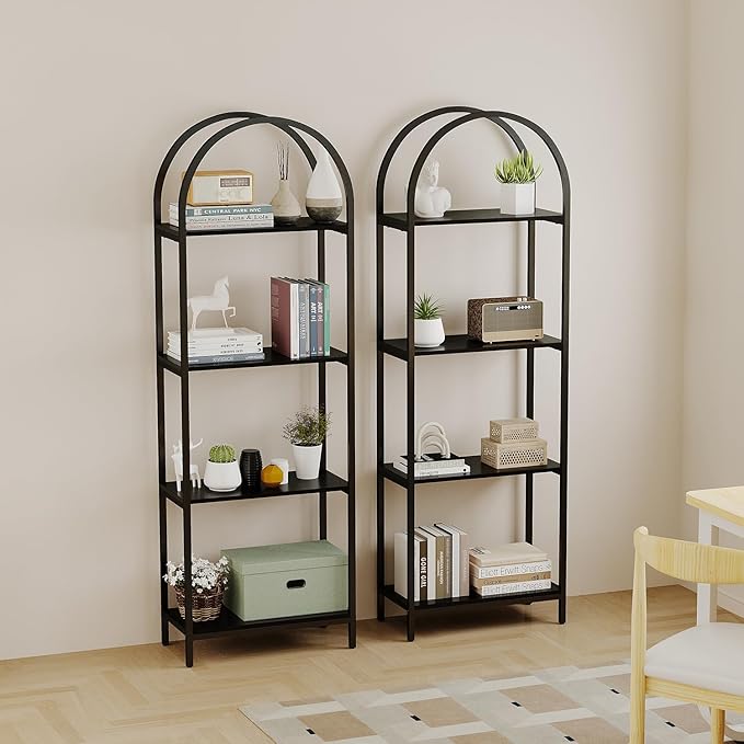 Bookshelf Arched Bookcase, 4 Tier Open Shelves with Metal Frame, Tall Freestanding Display Shelf for Home Office, Living Room,Easy Asssemble, Black