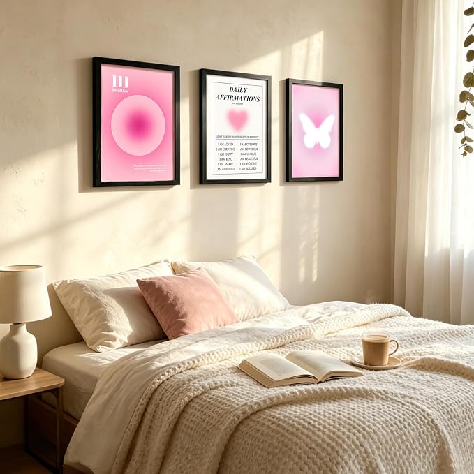LIANGSU Black Framed Angel Number Affirmations Wall Art Pink Aura Gradient Butterfly Canvas Prints Boho Spiritual Positive Energy Wall Picture for Bedroom Living Room Office 12x16 Inch