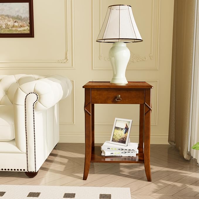 2-Set Solid Wood End Table with Drawer, Beside Table, Nightstand, Mid-Century Modern Funiture with Storage Shelf, 19.7" x 15.7" x 27.6" High Living Room Side Table with Wood Frame, Cherry GBJDR200