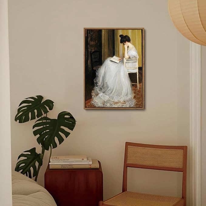WALLZK Vintage Framed Wall Art Lady Reading Canvas Prints Victorian Women Portrait Decor Pictures Artwork for Walls Living Room Study Bedroom Bathroom 16"x24"