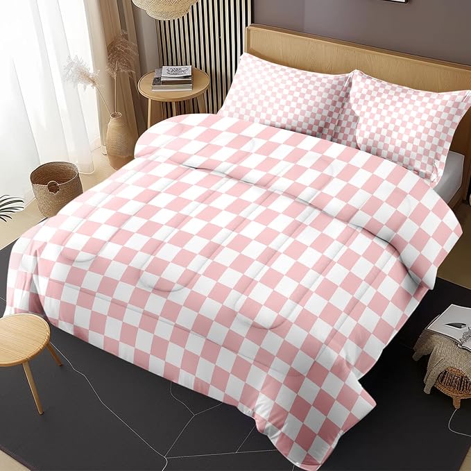Comforter Set with Pillowcase Twin Size, Light Pink Checkered Plaid Girly, Bed Decor Retro Cute Gingham Checkerboard Geometric for Kids and Adults, Soft Cozy Bedroom Bedding Set