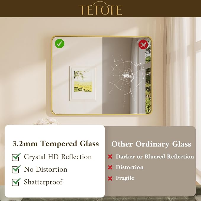 TETOTE Brushed Gold Bathroom Mirror, 24 x 36 Inch Metal Framed Mirror, Brushed Brass Rectangle Wall Mounted Golden Vanity Mirror (Horizontal/Vertical)