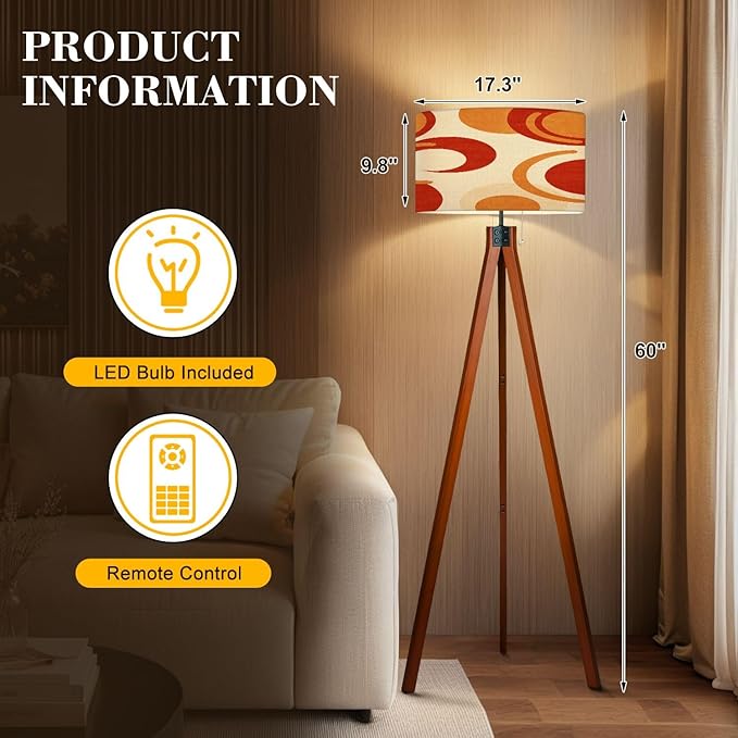 Wood Tripod Floor Lamp Wavy Swirl Psychedelic Groovy 70s 1970s Style Mid Century Orange Retro Mid Century Standing Lamp Linen Shade Dimmable Modern Tall lamp Home Decor for Living Room Bedroom Office