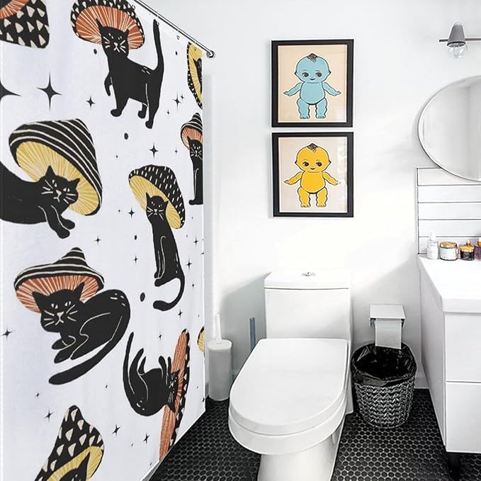 Funny Mushroom Cat Shower Curtain Retro 70s Hippie Funky Cute Cats Aesthetic Art Pattern Duty Fabric Shower Curtains Set Bathroom Polyester Waterproof with 12 Hooks, 55x72Inch（140x183cm）