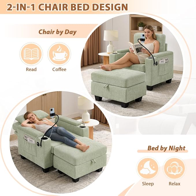 Oversized Chaise Lounge Chair Indoor, Single Convertible Recliner Reading Arm Sofa Chair W/Adjustable Backrest & Charging Port Couch Bed for Living Room, Home Theater & Bedroom, Cyan