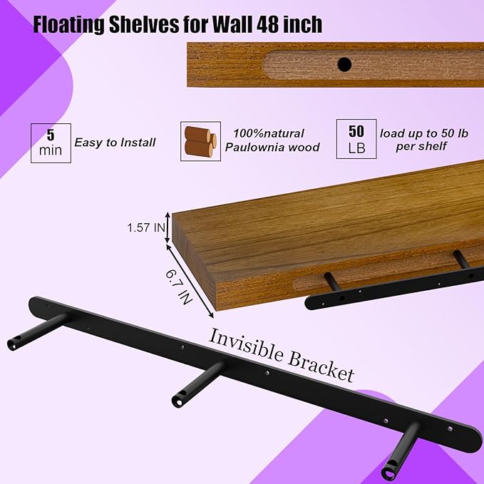 IAE Walnut Floating Wall Shelves 48 inch, Bathroom Shelf Wall Mounted,Invisible Shelving Floating Kitchen Shelf,Wooden Wall Shelves with Brackets for Living Room Wall Mounted,Easy Install,Set of 2