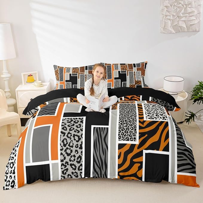 Erosebridal Leopard Print Bedding Set King Cheetah Zebra Stripes Fur Print Duvet Cover Orange Geometric Square Patchwork Comforter Cover for Kids Teen Adults,Rustic Wild Animals Skin Texture Bed Set