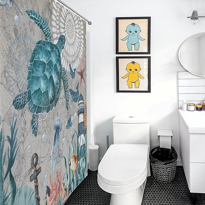 Sea Turtle Shower Curtain,Coastal Nautical Beach Teal Turtles Starfish Coral Reef Nautical Map Undersea Animal Polyester Fabric Bathroom Decor Set with Hooks,72x72Inch