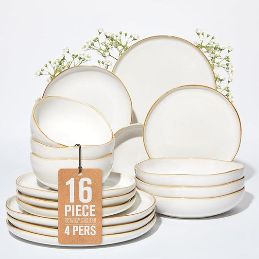 Plates and Bowls Sets, 16 Pieces Dinnerware Set for 4 with Pasta Bowls, Handmade Dishes Set, Chip Resistant Dishware Sets, Microwave Safe Dinner Set, Designed for Interactive Meals, White