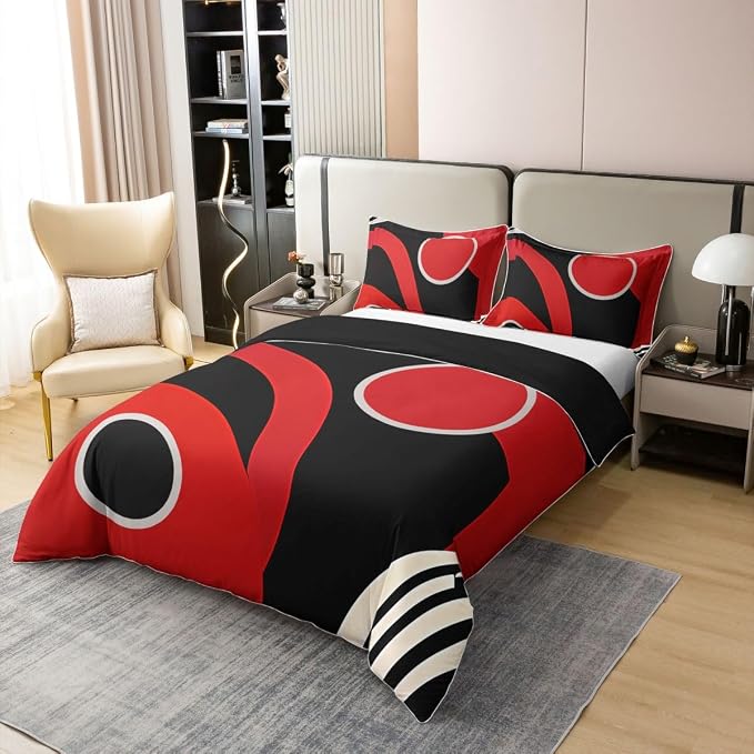 Erosebridal Red Black 100% Cotton Duvet Cover Full Geometric Striped Bedding Set for Kids Teens Adults Circle Modern Design Comforter Cover Abstract Artistic Bed Set 3 Pcs