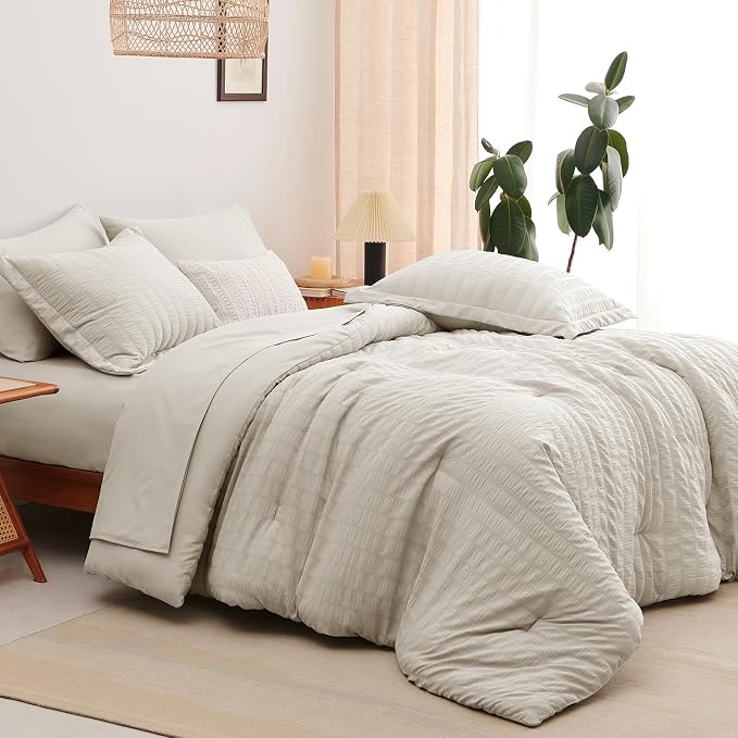 CozyLux Twin XL Comforter Set for College Dorm, 5 Pieces Beige Seersucker Twin Extra Long Bed in a Bag, Down Alternative Bedding Set with Comforter, Sheets, Pillowcase & Sham, Back to School Gift