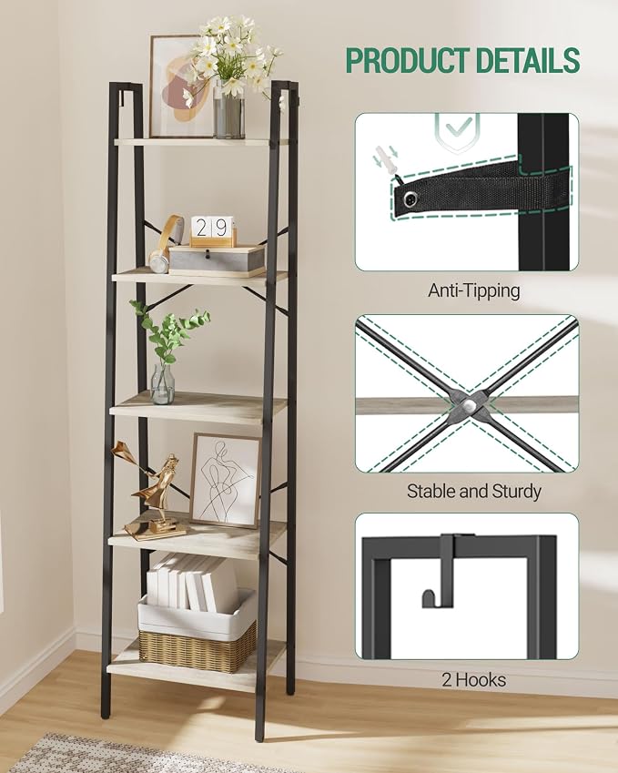 Hzuaneri Ladder Shelf, Bookshelf Bookcase, Freestanding Corner Storage Shelve with 2 Hooks for Home Office, Living Room, Kitchen, Bedroom, Industrial, 11.8" D x 17.3" W x 63" H, Greige BC19205B