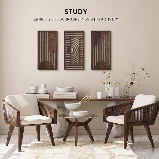 VIYYIEA Boho Solid Wood Carved Wall Art Set of 3, Geometric Minimalist Wooden Home Decor Panels, Handcrafted Solid Wood Wall Hanging for Living Room Bedroom Hallway, 16 x 8 Inch Each (Geometry I)