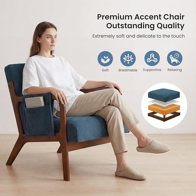 DUMOS Mid Century Modern Accent Chair, Upholstered Armchair with Lumbar Pillow and Solid Wood Frame, Comfy Reading Chair for Small Living Room, Bedroom, Guest Room, Navy Blue