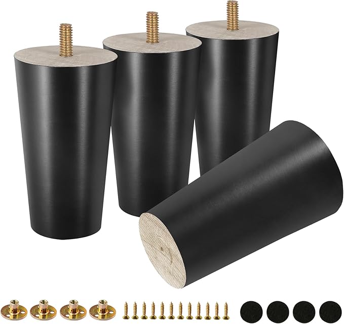 FoDau770 Black Rubber Wood Furniture Legs 4 Inches, Straight Tapered Wood Feet Mid Century Sofa Legs Set of 4, 5/16" UNC Furniture Feet for Cabinet Couch Dresser Chair Ottoman Table