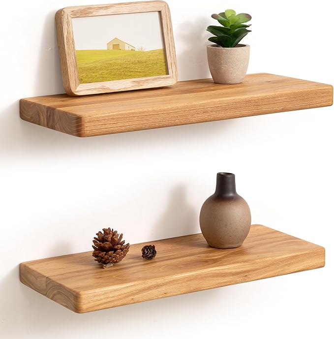 Fun Memories Floating Shelves for Wall, Rustic Wood Floating Shelf for Home Decor, Solid Elm Wood Wall Shelf Heavy-Duty Bracket, Wooden Bathroom Shelves 16 Inches Long Set of 2