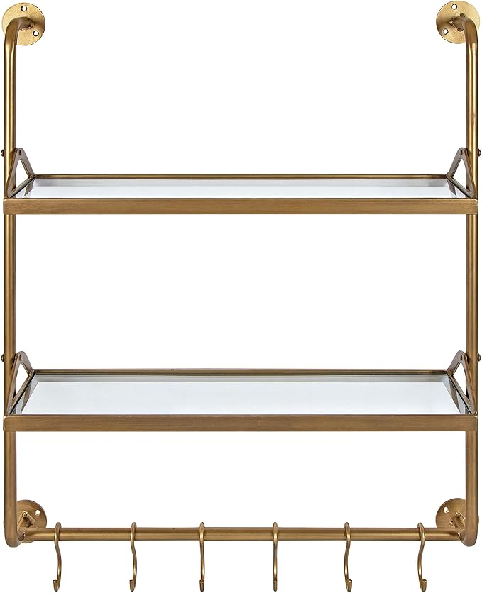 Kate and Laurel Marit Modern Industrial Wall Shelf with Metal Pipe Supports and Glass Shelves, Gold