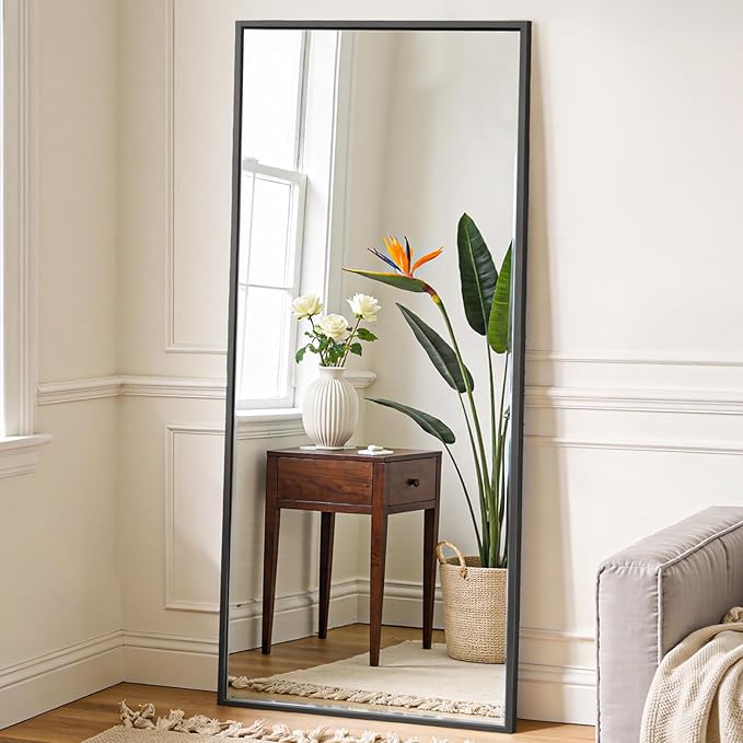 OLIXIS 64"x 21.5" Mirror Full Length, Full Body Mirror with Stand, Hanging or Leaning for Wall, Floor Standing with Shatter-Proof Glass for Bedroom, Living Room, Long, Black