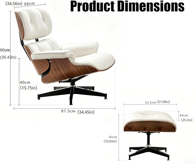 Mid Century Chaise Lounge Chair with Ottoman, Modern Retro Classic Design, PU Leather & Walnut Wood, Heavy Duty Metal Support, Comfortable for Living Room Bedroom Office（White-Premium）