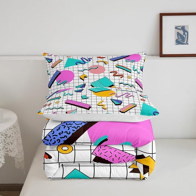 Manfei Memphis Comforter Set Queen Size, Retro 80s or 90s Geometric Fashion Style Quilt Set with 2 Pillowcases, Vintage Hip Hop Bedding Set 3pcs for Kids Boy Girls Lightweight Duvet Insert